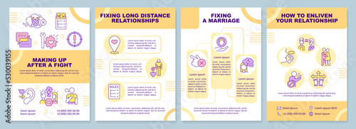 Solve issues in relationship orange brochure template. Leaflet design with linear icons. Editable 4 vector layouts for presentation, annual reports. Arial-Black, Myriad Pro-Regular fonts used