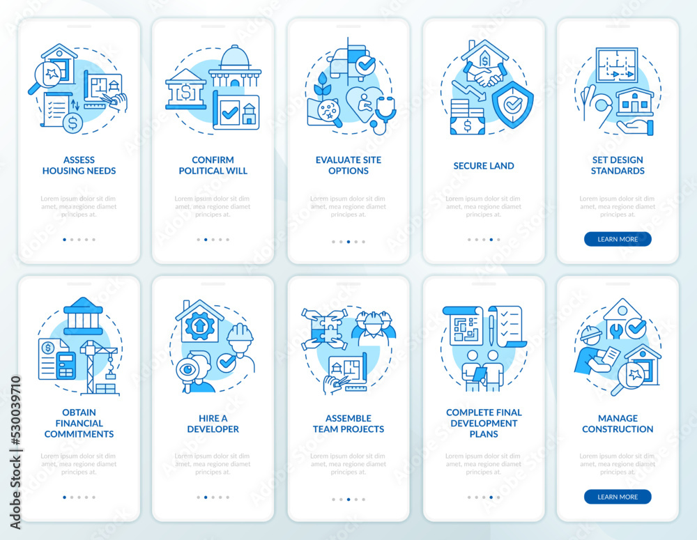 Tips for housing development blue onboarding mobile app screen set. Walkthrough 5 steps editable graphic instructions with linear concepts. UI, UX, GUI template. Myriad Pro-Bold, Regular fonts used