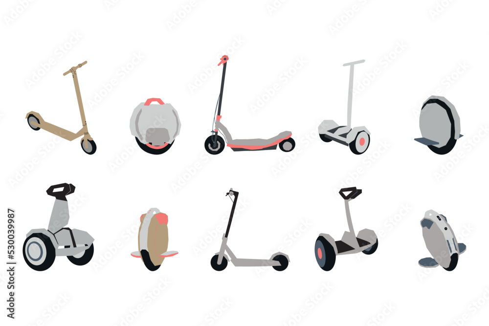 Green transport hand drawn vector set. Various electric wheels in simple contemporary style