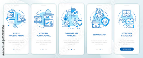 Housing development tips blue onboarding mobile app screen. Project walkthrough 5 steps editable graphic instructions with linear concepts. UI, UX, GUI template. Myriad Pro-Bold, Regular fonts used