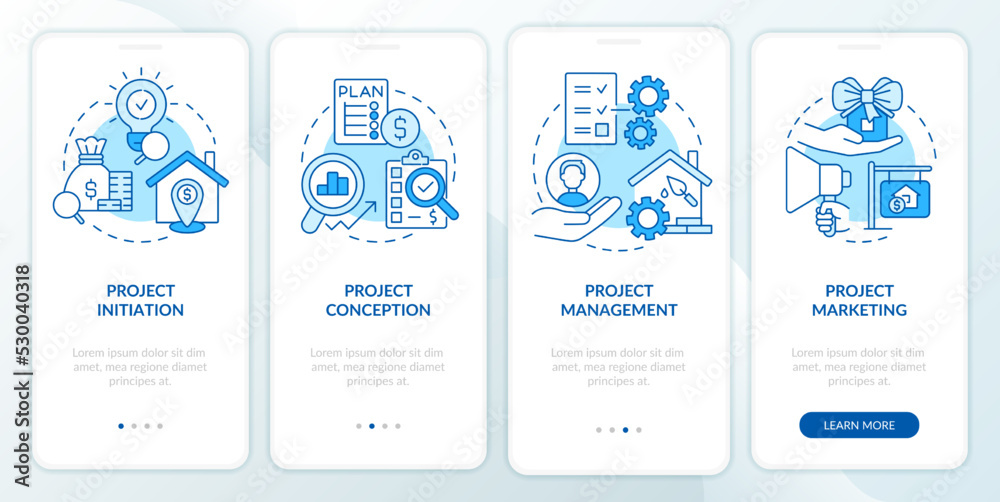 Developing real estate projects blue onboarding mobile app screen. Walkthrough 4 steps editable graphic instructions with linear concepts. UI, UX, GUI template. Myriad Pro-Bold, Regular fonts used