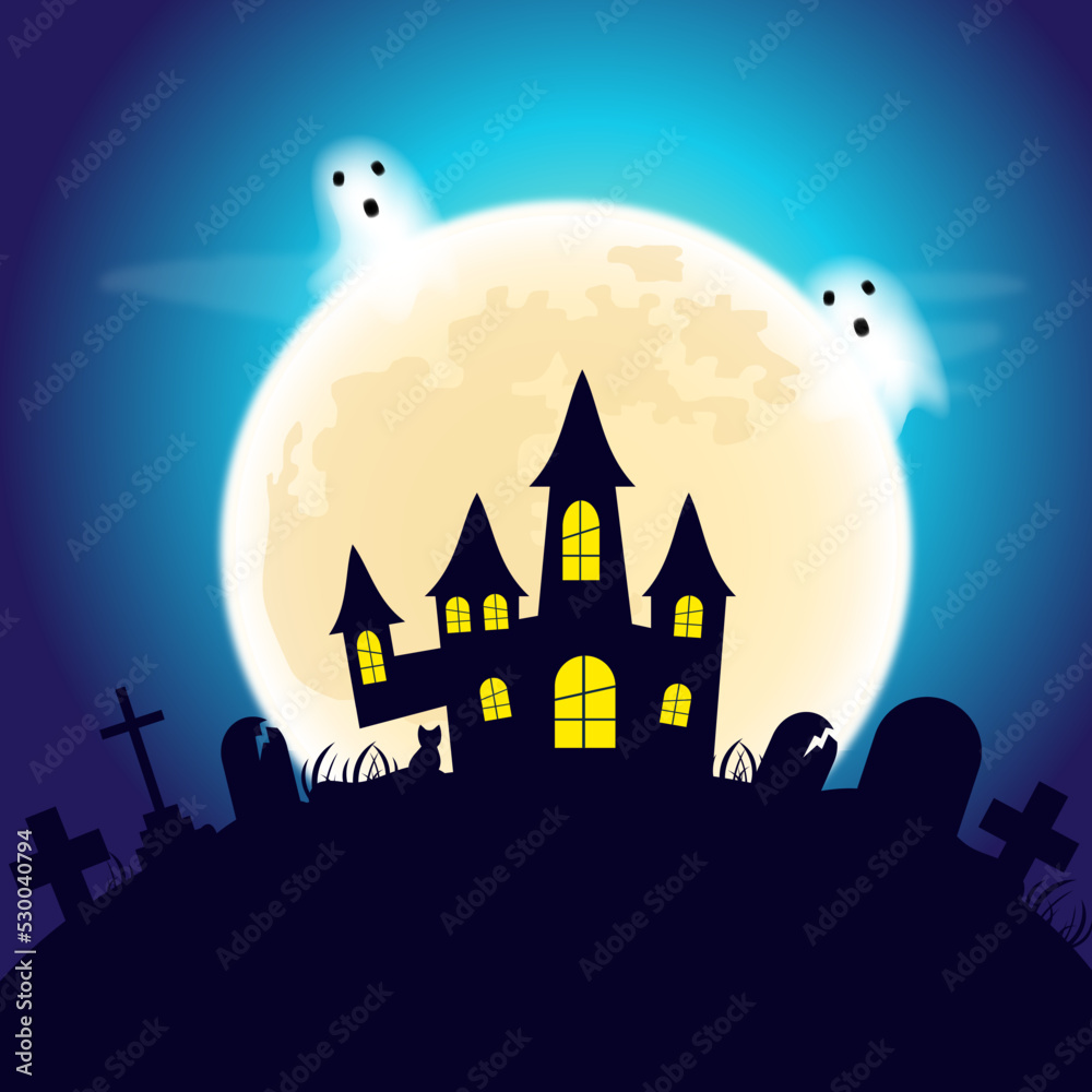 Halloween background with moon and ghost. Vector illustration