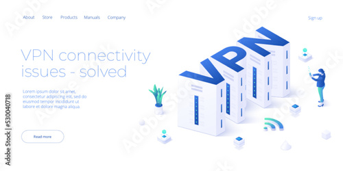 Vpn service concept. Isometric vector illustration. Secure internet surfing software for virtual protection network. Safe online access with cellphone