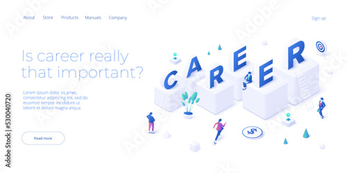 Career growth ladder in isometric vector design. Business stairs as way to success. Businesswoman challenges and opportunities. Professional manager striving to job upgrade