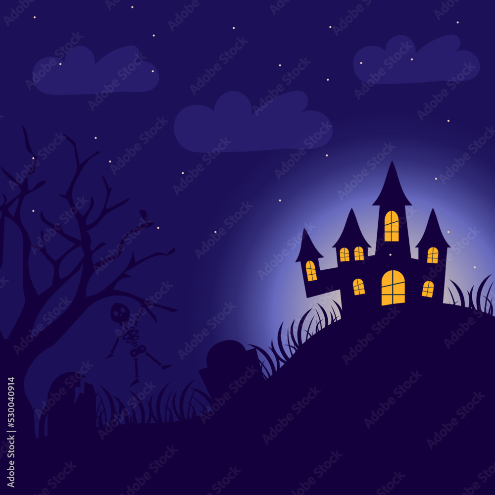 Halloween background, skeleton poster. Vector illustration
