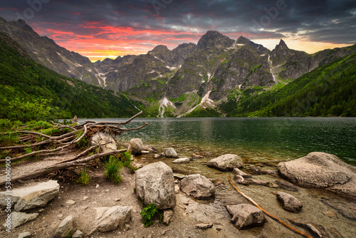 Amazing sunset in the Tatra Mountains above Eye of the Sea Lake, Poland