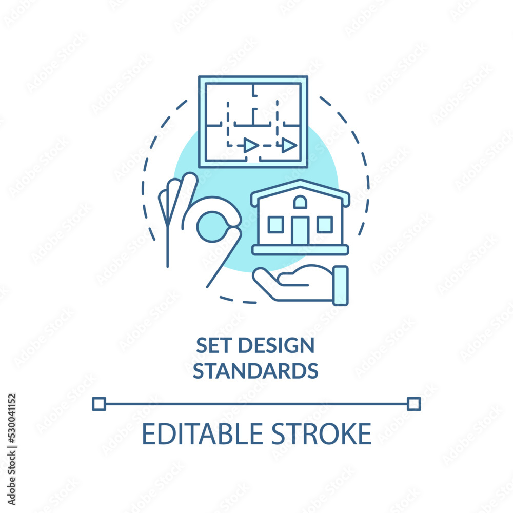 Set design standards turquoise concept icon. Construction. Housing development tip abstract idea thin line illustration. Isolated outline drawing. Editable stroke. Arial, Myriad Pro-Bold fonts used