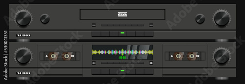 Vector vintage symmetrical black audio stereo rack system with double cassette tape deck, graphic equalizer and cd player