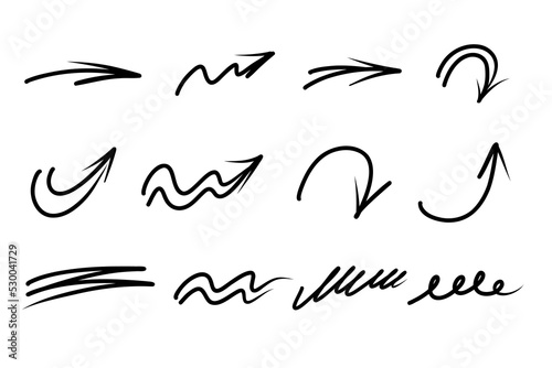 Marker arrows in sketch style, underline,  lines, emphasis, waves set. Hand drawn brush arrow check mark underline. Vector freehand illustration on white background.