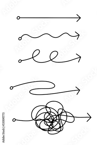 Arrows. Path expectation and reality. Hand drawn Doodle marker abstract scribble direction arrows vector. Stock vector illustration on white background.