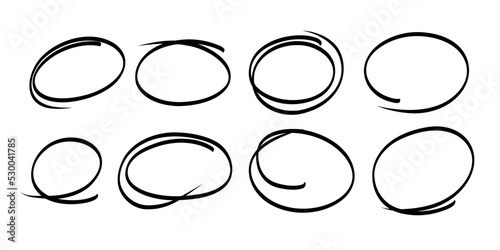Sketch highlight ovals stroke line. Doodle Marker hand drawn highlight scrawl circles. Marker sketch. Highlighting text and important objects. Round scribble frames. Stock vector illustration.
