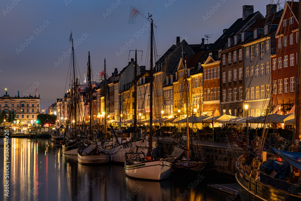 Copenhagen, Denmark The Nyhavn district at night.