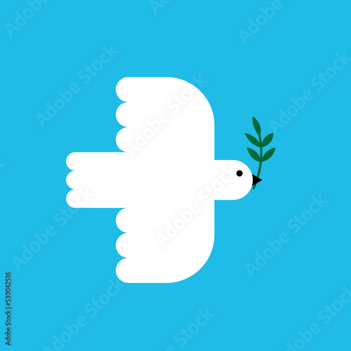 Minimalist white dove icon flying with olive branch. Peace symbol. Square banner. Concept of non violence, tolerance, equality. Vector illustration, flat design