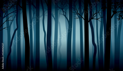 Vector blue mysterious dark forest landscape with silhouettes of trees and branches