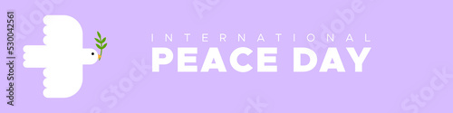 International Peace Day. 21 September. White dove with olive branch flying. Horizontal violet banner. Vector illustration, flat design