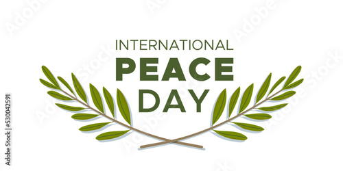 International Peace Day. 21 September. Two olive branches around the text. Horizontal banner. Vector illustration, flat design