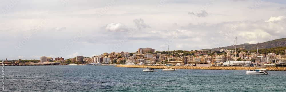 Panoramic Cityscape with harbour in Palma de Mallorca, Spain. 94 Megapixel photo.