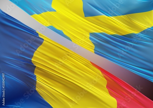 Abstract Romania Flag, next to Swedish Flag 3D Render(3D Artwork)