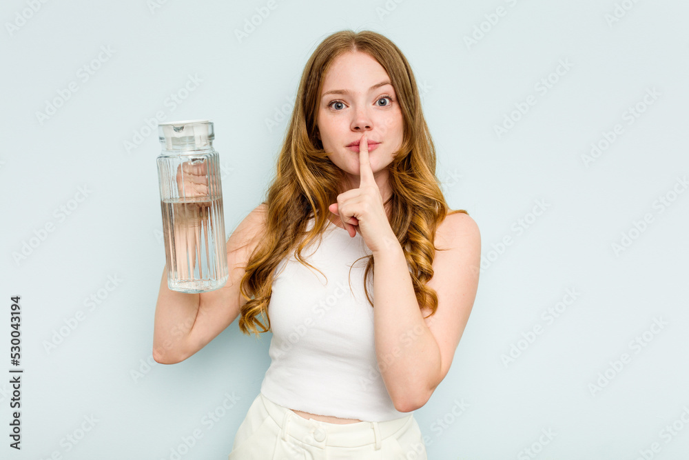 Young caucasian woman holding jar of water isolated on blue background keeping a secret or asking for silence. Young caucasian woman holding jar of water isolated on blue background keeping a secret or asking for silence.