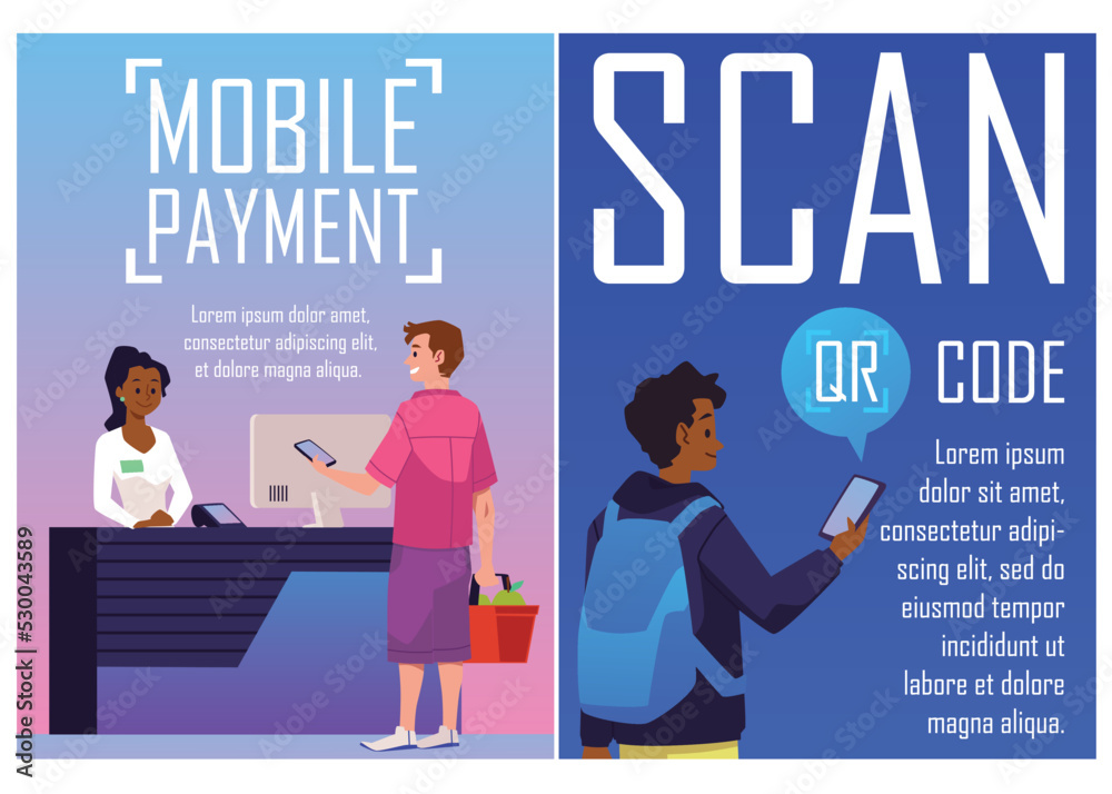 People paying by the phone and scanning QR code poster template flat People paying by the phone and scanning QR code poster template flat
