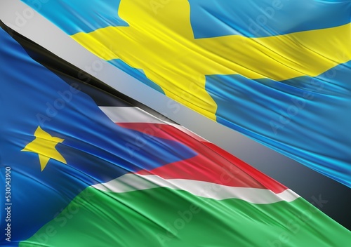 Abstract South Sudan Flag, next to Swedish Flag 3D Render(3D Artwork)