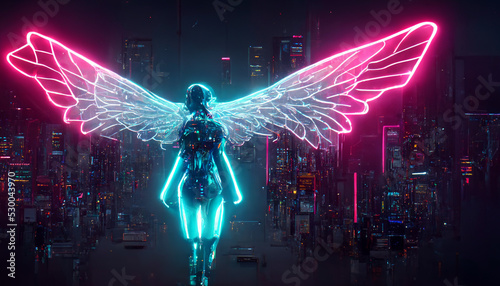 angel wings on the cyberpunk background. 