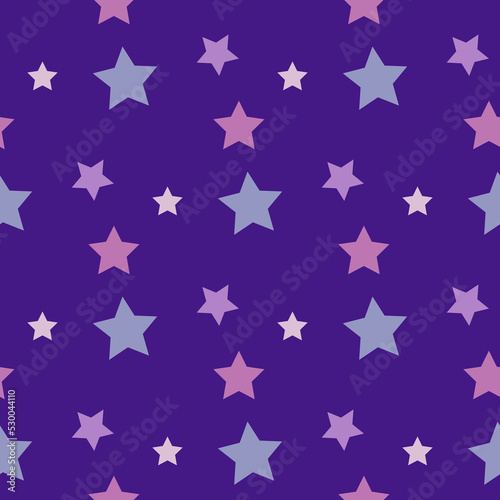 Seamless pattern in lilac stars on dark violet backgound. Vector image.