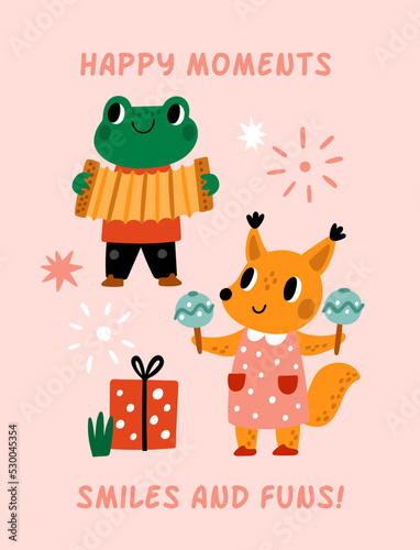 Birthday poster with cute animals. Forest musicians with different musical instruments. Zoo jazz band. Orchestra performers play music. Happy frog and fox. Vector holiday greeting card