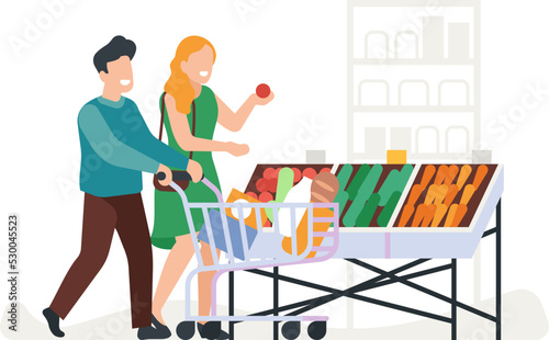 Couple daily routine. Everyday activity. Family buying food in supermarket. Guy and girl living together. People with cart full of dairy products and vegetables. Vector illustration