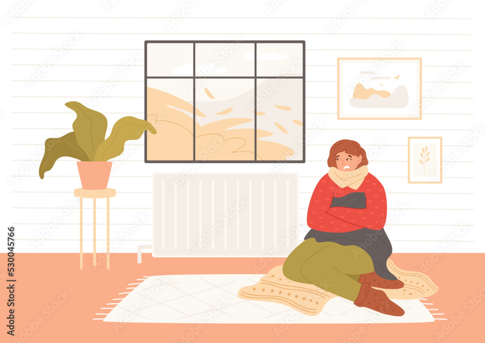 Woman wrapped up in sweater and scarf hugs herself, freezes and sits near cold battery. Autumn is outside the window, cold season. Crisis and economy concept. Vector illustration with simple interior Woman wrapped up in sweater and scarf hugs herself, freezes and sits near cold battery. Autumn is outside the window, cold season. Crisis and economy concept. Vector illustration with simple interior
