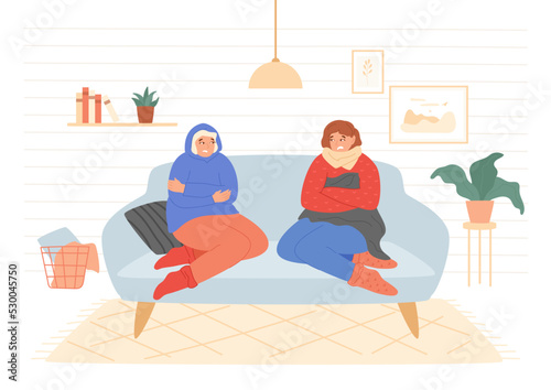 Women sitting on couch and freezing. Unhappy characters at home wrapped up in sweater, scarf, hoodie and hugging themselves. Economy and financial crisis concept. Simple interior, vector illustration.