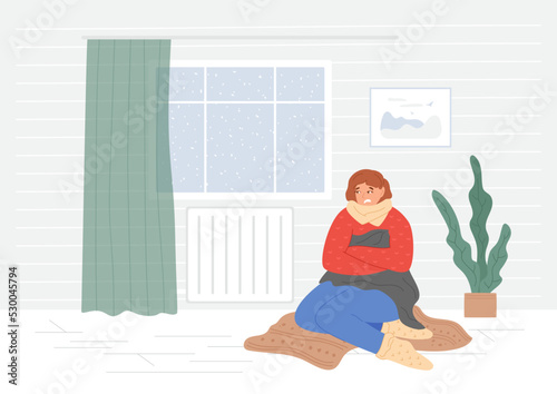Woman freezes and sits near cold battery. Snow is outside the window, cold season. Female wrapped up in sweater and scarf hugs herself. Crisis and economy concept. Vector illustration.