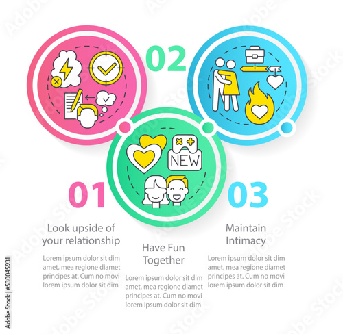 Keep passion in relationship tips circle infographic template. Intimacy. Data visualization with 3 steps. Editable timeline info chart. Workflow layout with line icons. Myriad Pro-Regular font used