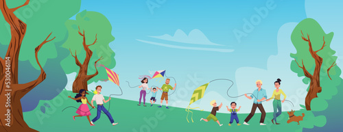 Happy families launch kites flat style, vector illustration