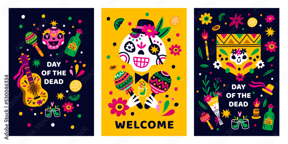Mexican holiday. Death party posters. Day of dead. Latino style elements. Traditional festival. Muertos carnival. Sugar skulls and tequila. Garish vector cartoon invitation cards set