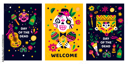 Mexican holiday. Death party posters. Day of dead. Latino style elements. Traditional festival. Muertos carnival. Sugar skulls and tequila. Garish vector cartoon invitation cards set photo