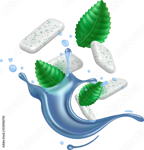 Realistic chewing gum. 3D splashes juice and water with bubblegum refreshing pads with menthol flavor. Fresh mint leaves. Liquid sprays. Spearmint taste. Vector dental care chewy candies