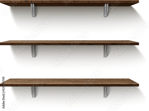 Realistic wooden store shelves. Empty showcase. Exhibition stand with shadow. Home or office furniture. Interior objects hanging on wall. Brown wood. Vector square shelving front view