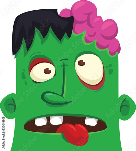 Cartoon angry zombie head. Halloween vector illustration of funny zombie moaning with wide open mouth full of teeth.
