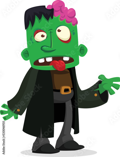 Cartoon funny green zombie with pink brains outside of the head. Halloween vector illustration isolated