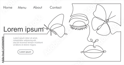Woman face continuous one line vector drawing. Style templates with abstract female face. Can used for logo, emblem, slide show and banner. Illustration with quote template