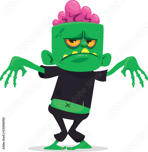 Cartoon funny green zombie with pink brains outside of the head. Halloween vector illustration isolated