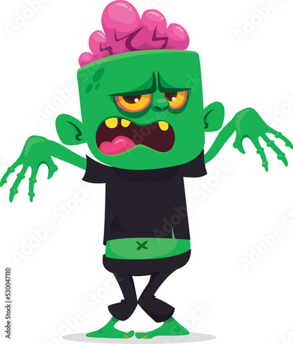 Cartoon funny green zombie with pink brains outside of the head. Halloween vector illustration isolated