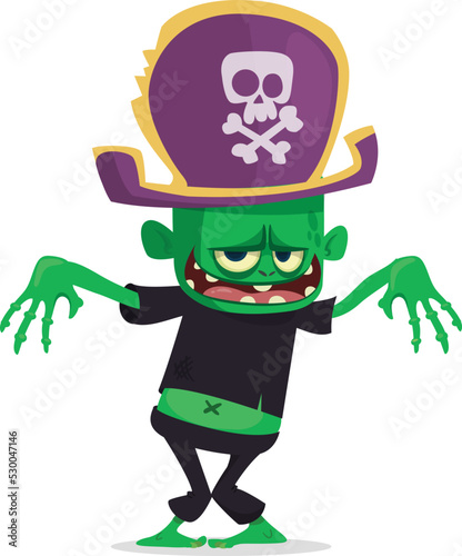 Cartoon funny green zombie with pink brains outside of the head. Halloween vector illustration isolated