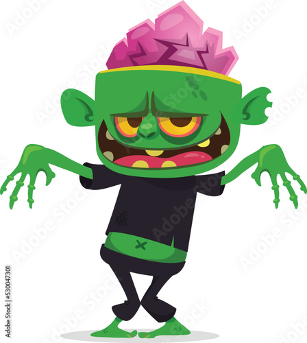 Cartoon funny green zombie with pink brains outside of the head. Halloween vector illustration isolated