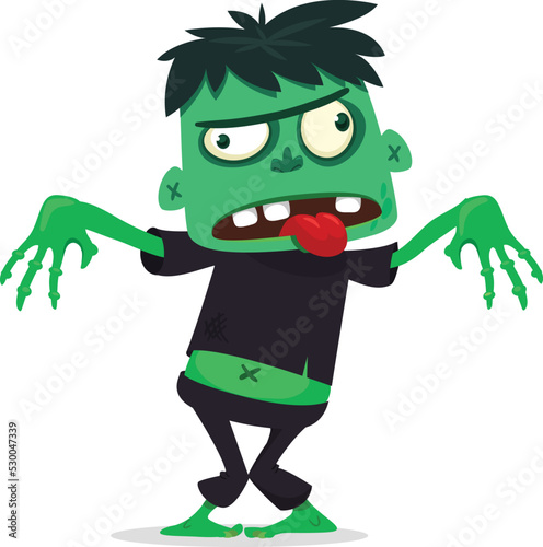Cartoon funny green zombie with pink brains outside of the head. Halloween vector illustration isolated