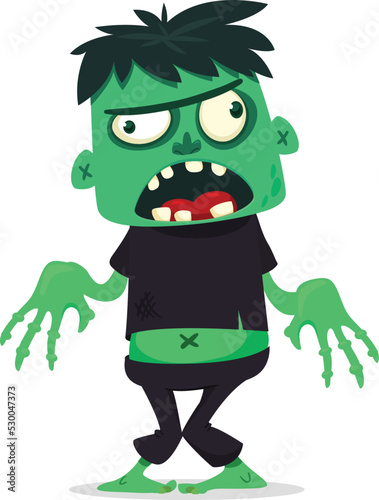 Cartoon funny green zombie with pink brains outside of the head. Halloween vector illustration isolated