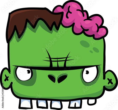 Cartoon angry zombie head. Halloween vector illustration of funny zombie moaning with wide open mouth full of teeth