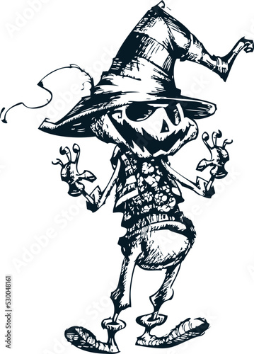 Scarecrow cartoon character. Halloween skeleton design for party invitation, poster. Vector skull face illustration . Handdrawing style illustration made with strokes