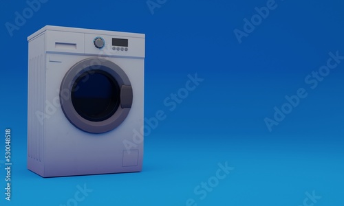 3d illustration, washing machine, blue background, copy space, 3d rendering.